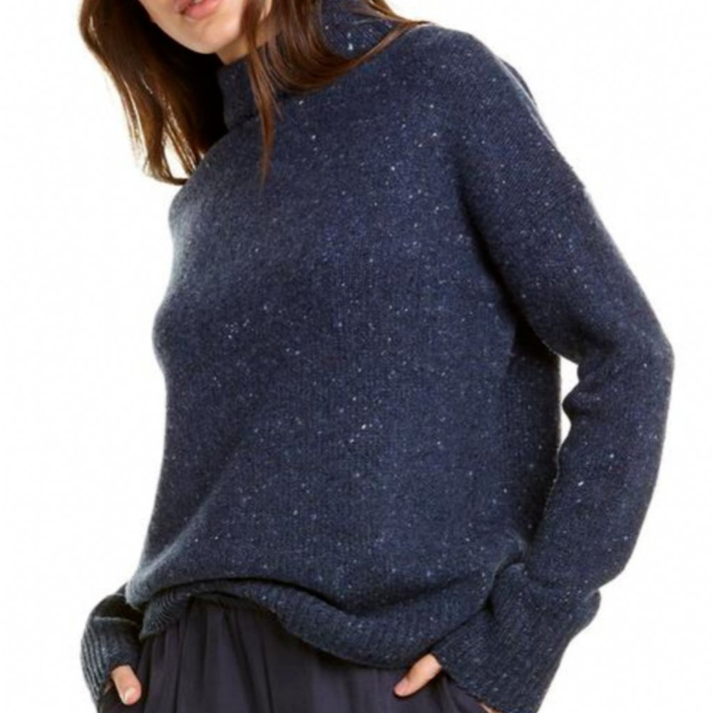 Vince Funnel Neck Wool Blend Fisherman Sweater- XXS, Navy Marl